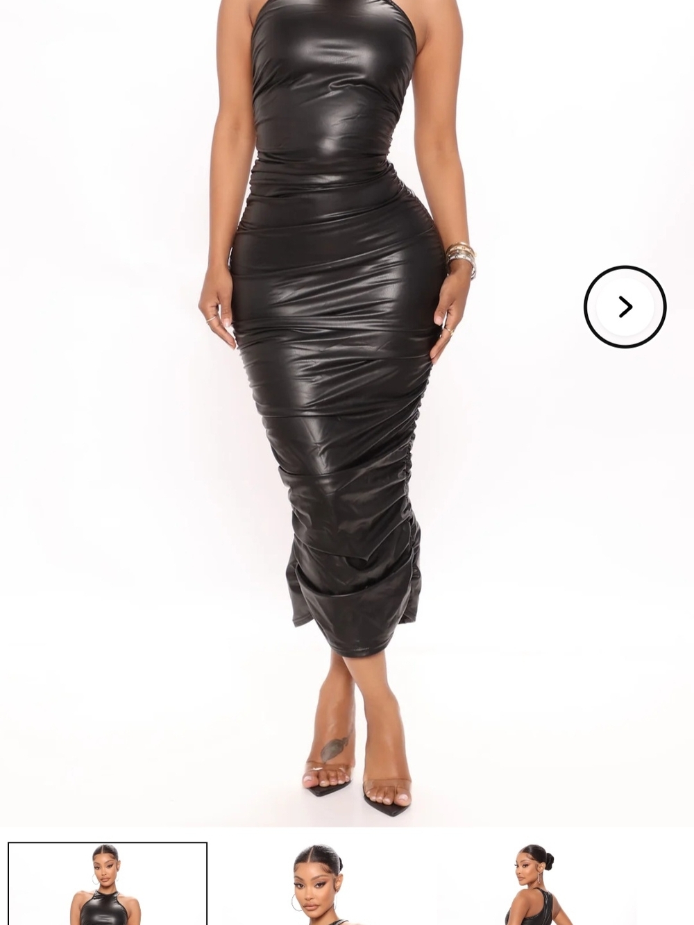 Fashion Nova Black Faux-Leather Ruched Midi Dress